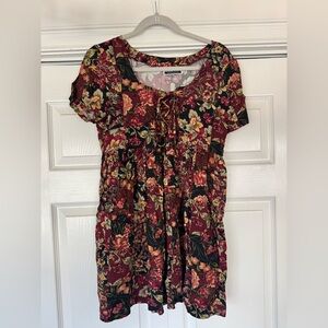 Vintage Floral Lace-Up Short Sleeve Women’s babydoll dress  - Burgundy